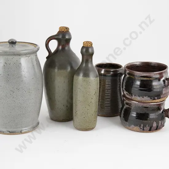 Lidded Ovoid Storage Jar together with two cork stopped bottles