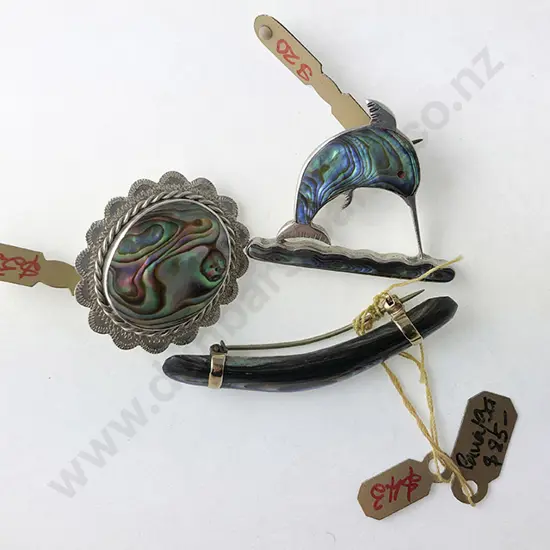 NZ 9ct Mounted Paua Brooch and Two S/S Brooches