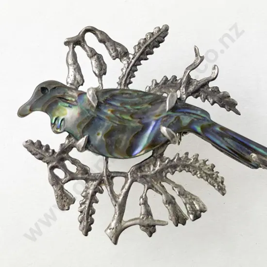 NZ S/S Paua Tui Brooch