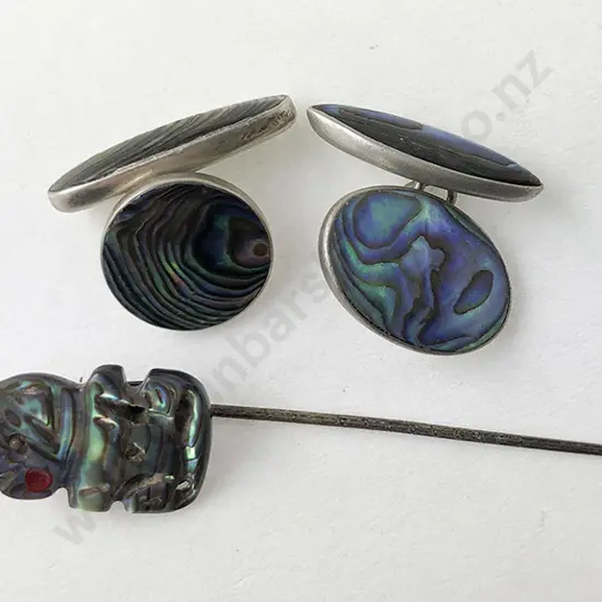 NZ Pr S/S Paua Cufflinks and Tiki Stickpin