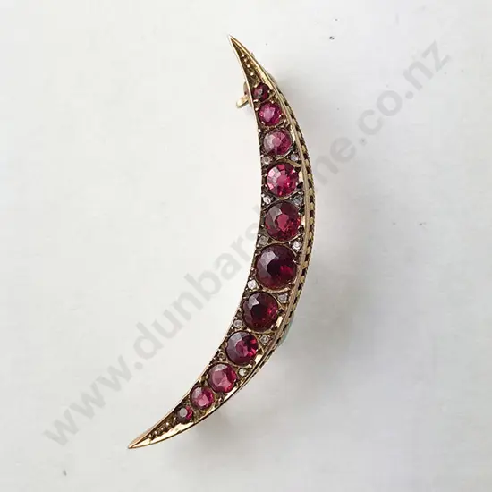 Late Victorian 9ct Garnet and Diamond Chip Crescent Brooch