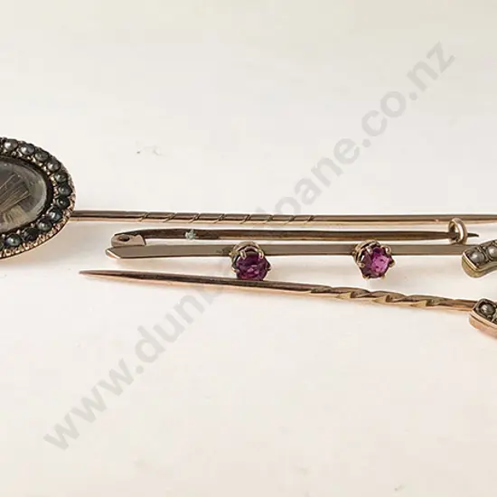 Two Victorian Gold Stickpins and Bar Brooch
