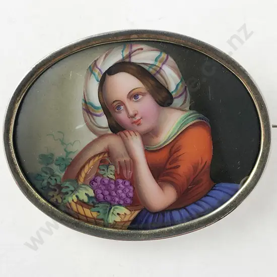 Large Victorian S/S Framed Porcelain Brooch