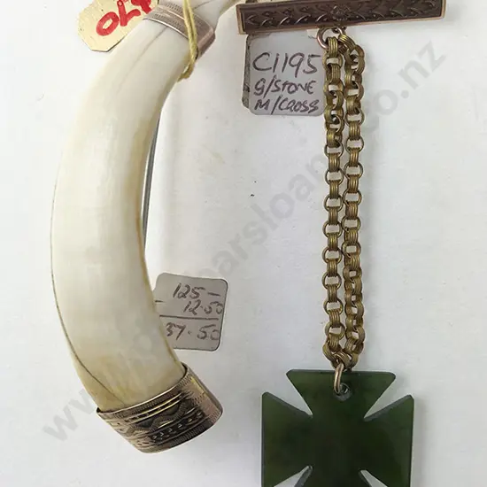 Greenstone Fob and 9ct Boar Tusk Brooch
