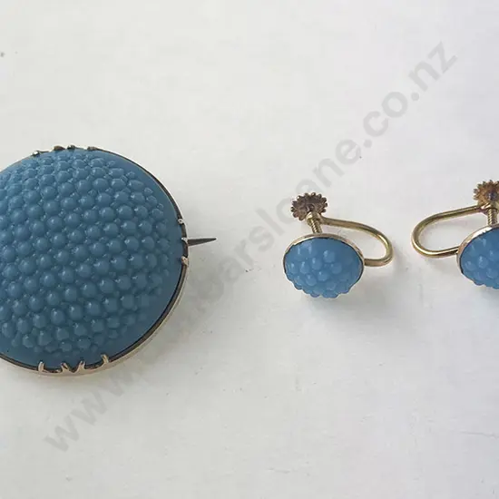 9ct Mounted Blue Glass Button Brooch & Earrings