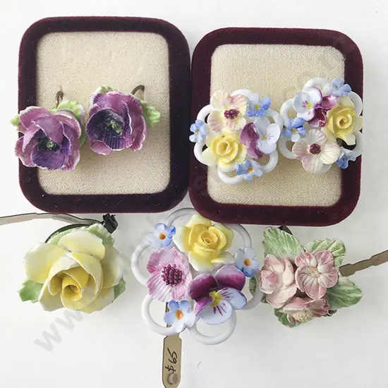 Three China Floral Brooches and Two Pair Earrings