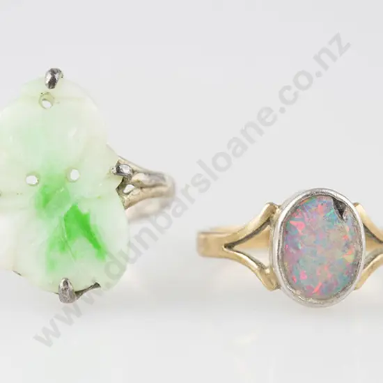 9ct Opal Ring (af) and S/S Jade Panel Ring