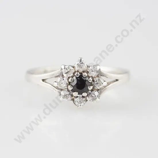 All Platinum Nine Stone Sapphire and Diamond Cluster Ring