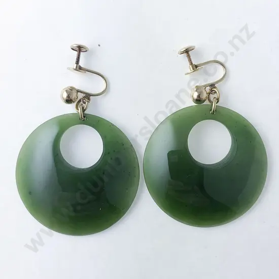 Pair 14ct Mounted Greenstone Circle Pendant Earrings