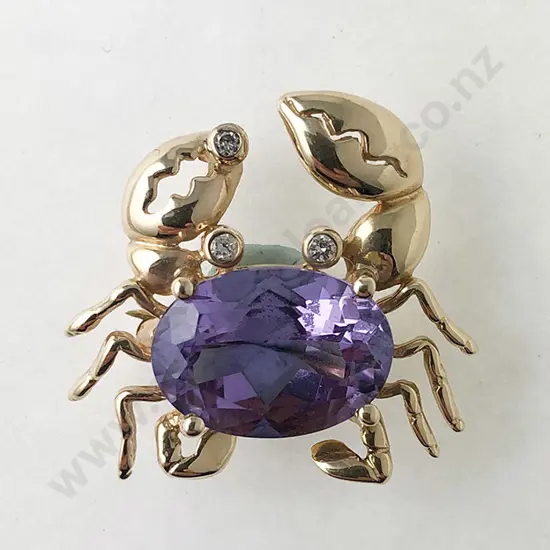 14ct Single Amethyst and Three Diamond Crab Brooch