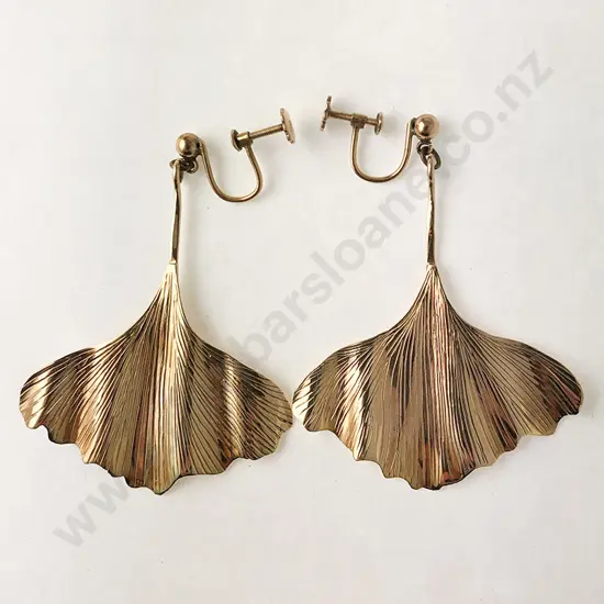 Pair 9ct Modern Design Leaf Pendant Earrings