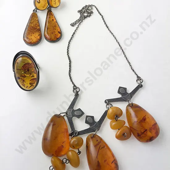 Modern Design .875 and Amber Pendant Necklace with Ring and Earrings
