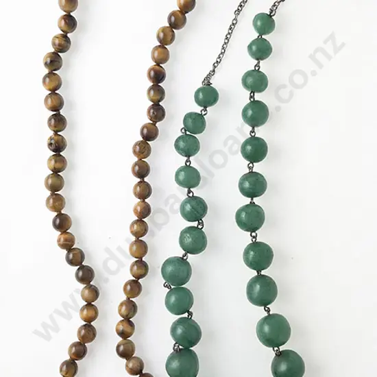 Vintage Green Agate Bead Necklace and Tiger Eye Necklace