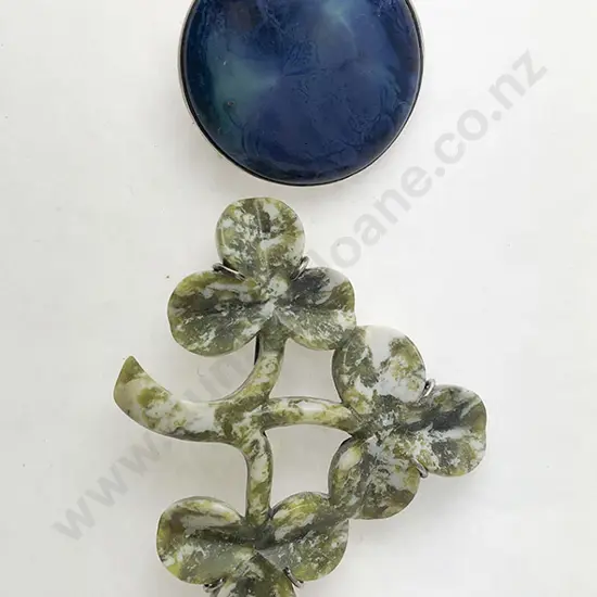 Irish Green Marble Shamrock Brooch and Ruskin Brooch