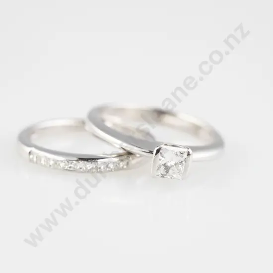 18ct White Gold Solitaire Diamond Ring and Wedding Band