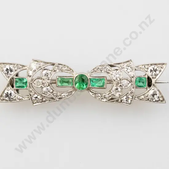 Art Deco 18ct White Gold 37stone Emerald and Diamond Bow Brooch