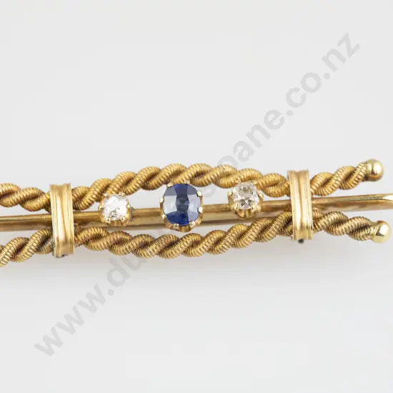 18ct Three Stone Sapphire & Diamond Bar Brooch