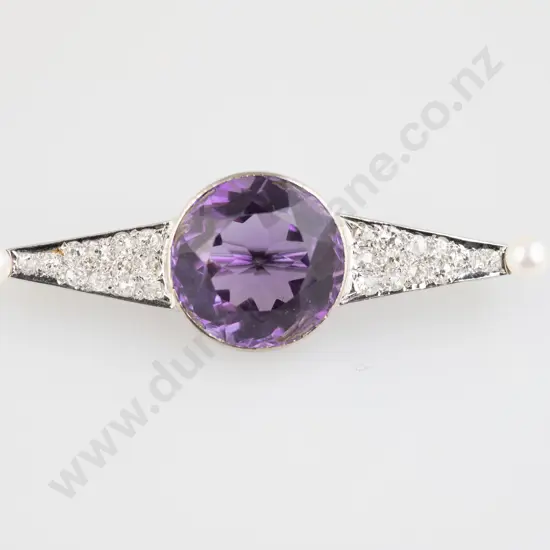 14ct White Gold 25stone Amethyst & Diamond Brooch