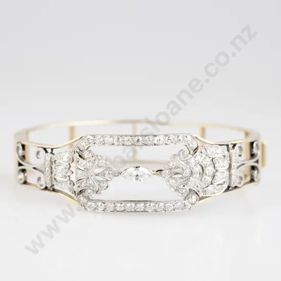 Early C20th 14ct & Platinum Fancy 81stone Diamond Hinged Snap Bangle