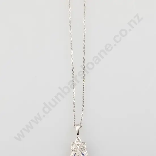 Art Deco 14ct White Gold & Platinum 19stone Diamond & Sapphire Pendant