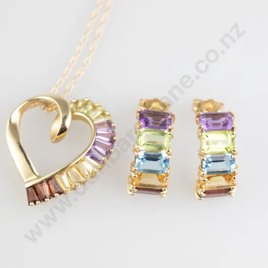 14ct Multi-Gem Heart Pendant and Earrings