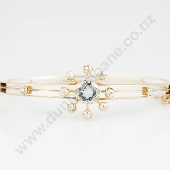 Edwardian 15ct Eleven Stone Aquamarine and Diamond Hinged Snap Bangle
