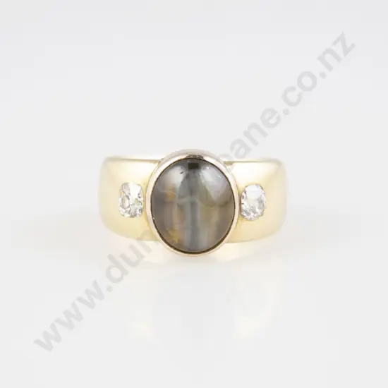 18ct Three Stone Tiger Eye & Diamond Band Ring