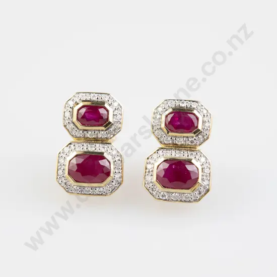 9ct Ruby & Diamond Twin Cluster Stud Earrings