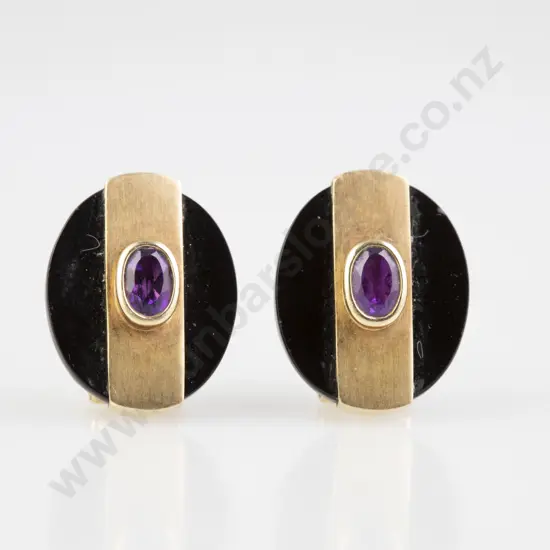 Pair 14ct Onyx and Amethyst Earrings