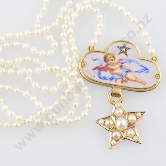 Antique Pearl and Enamel Pendant Necklace