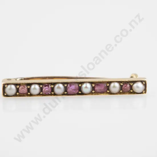 Edwardian 9ct Ruby and Pearl Bar Brooch
