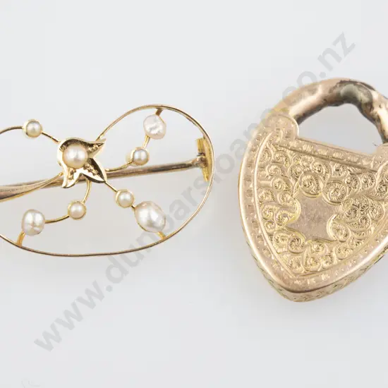 14ct Padlock Clasp and 18ct Pearl Brooch
