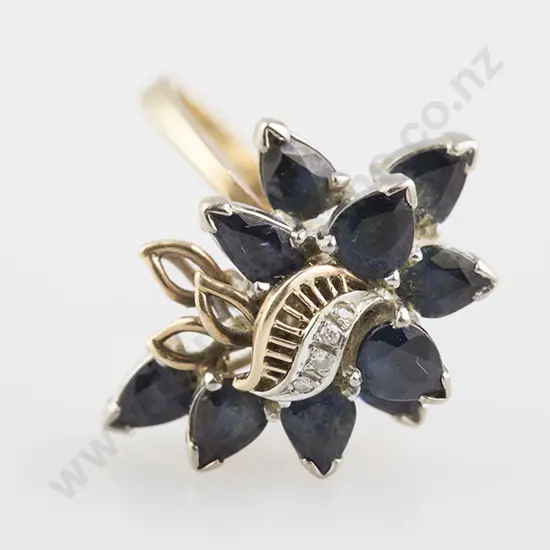 14ct 13stone Sapphire and Diamond Princess Type Cluster Ring