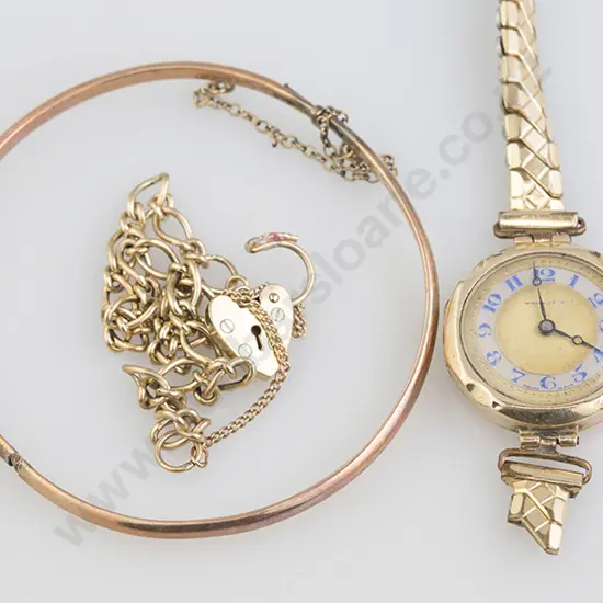 Two Hinged Bangles, 9ct Bracelet and Wristwatch