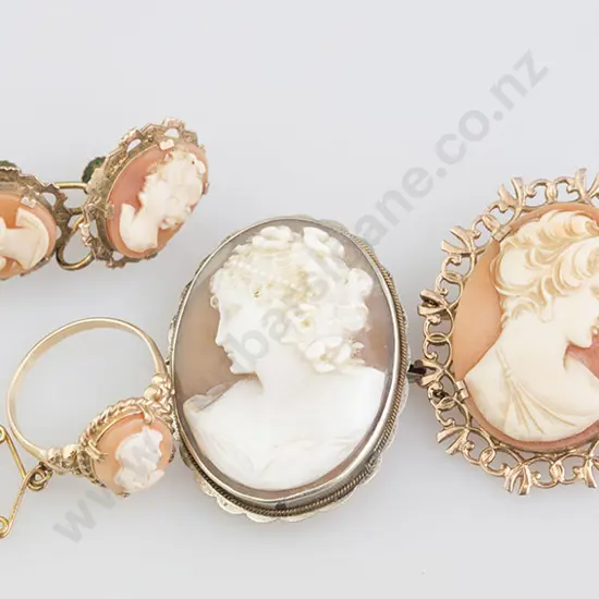 9ct Framed Cameo Portrait Brooch, ring, earrings and other brooch