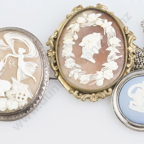 Two Victorian Cameo Brooches and Wedgwood Pendant