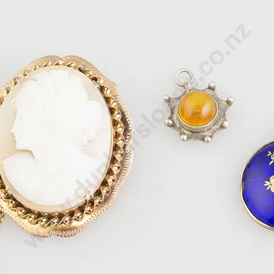 9ct Framed Portrait Cameo Brooch, two pendants