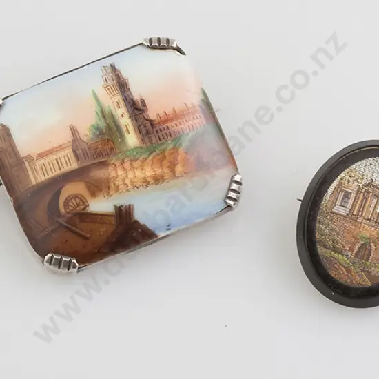 Victorian SIlver Mounted Mosaic Panel Brooch, porcelain brooch