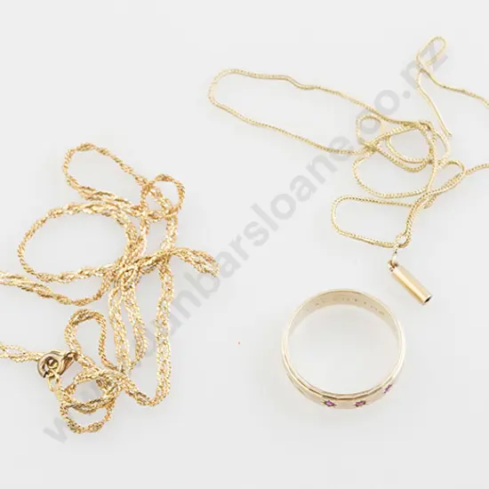 9ct Band Ring and Two 9ct Neck Chains (one af)