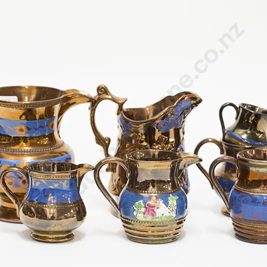 Collection Seven Victorian Copper Lustre Jugs