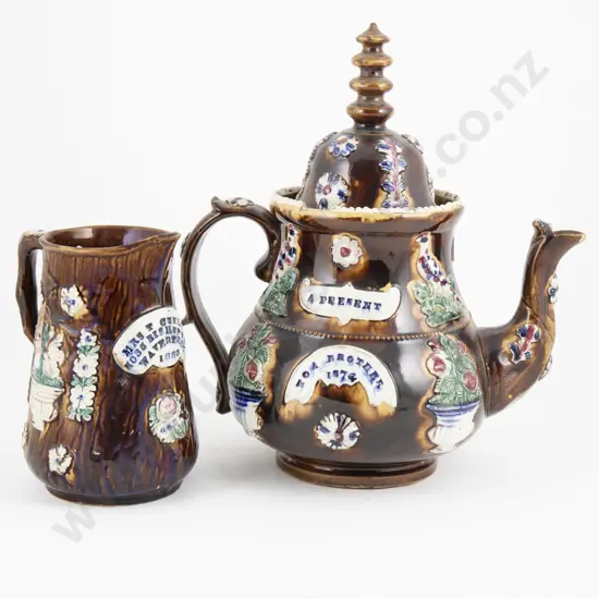 Victorian Earthenware Barge Teapot and Jug