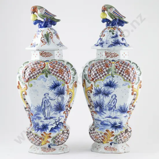 Pair C19th European Delft Vase and Covers