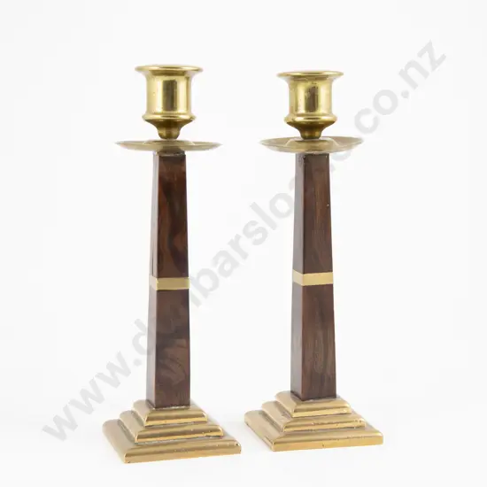 Pair Erhard & Sohne Rosewood & Brass Candlesticks