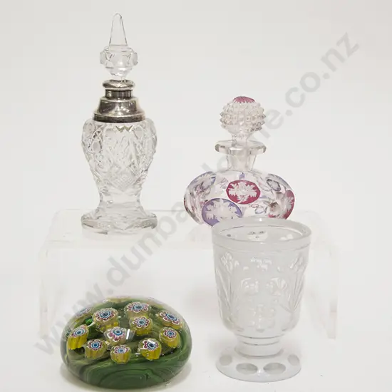 Late Victorian Paperweight and Goblet, Two Scent Bottles