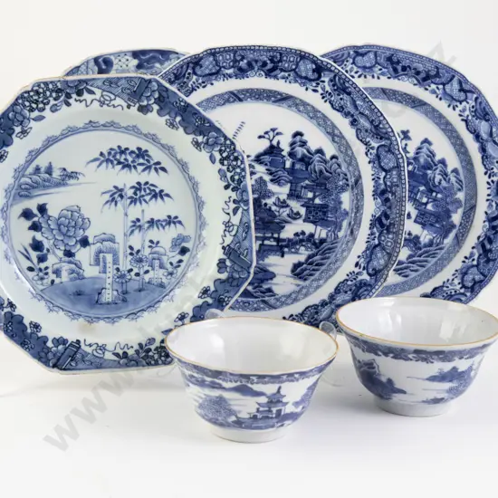 Four Early C19th Blue and White Export Ware Plates