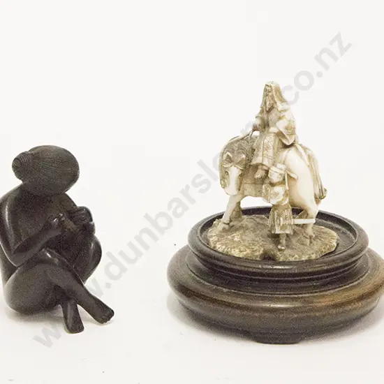 Signed Ivory Okimono & Rosewood Figure