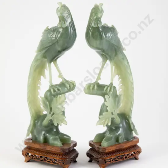 Pair Carved Jade Golden Pheasants