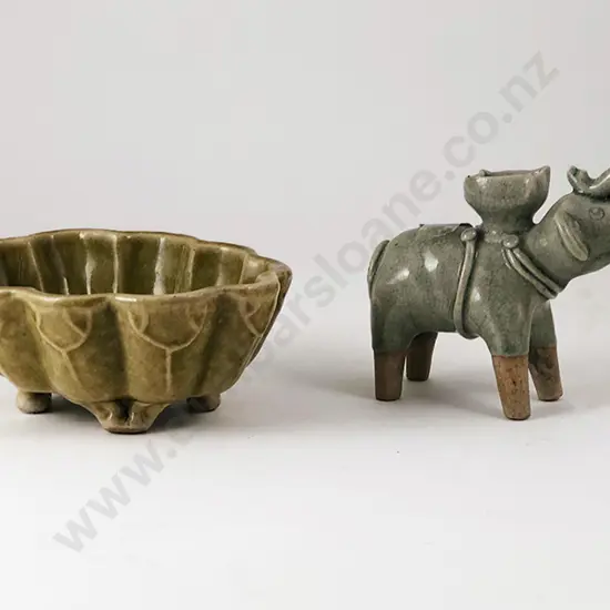 Elephant Ornament, Dish, Sake Bottle & Pair Jade Rice Bowls