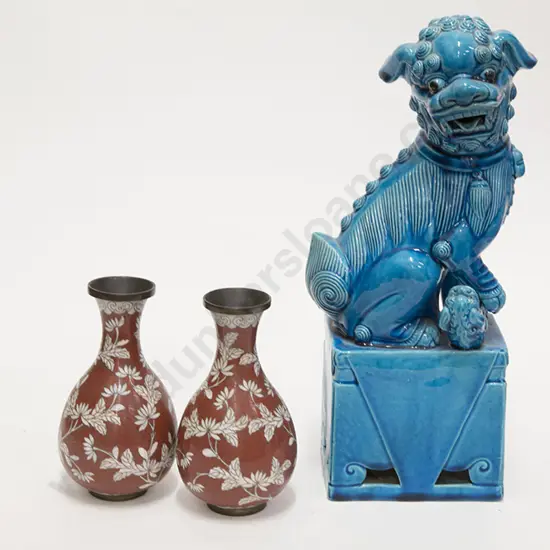 Turquoise Glazed Foo Dog Ornament and Pair Cloisonne Vases