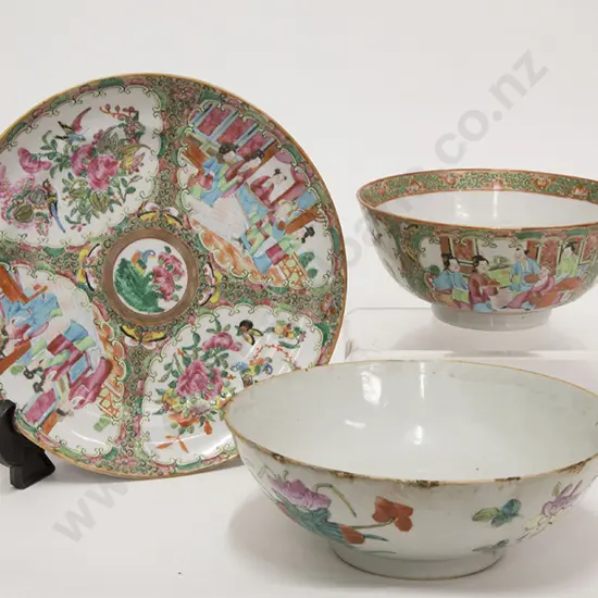 Cantonese Export Ware Plate & Two Bowls